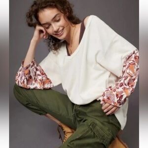 Anthropologie Annette Thermal Waffle Knit Oversized Deep V Pullover  Sz S